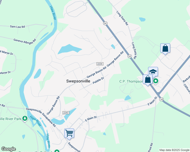 map of restaurants, bars, coffee shops, grocery stores, and more near 1347 George Bason Road in Graham
