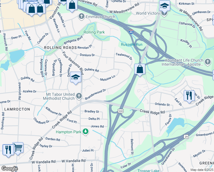 map of restaurants, bars, coffee shops, grocery stores, and more near 2932 Branderwood Dr in Greensboro