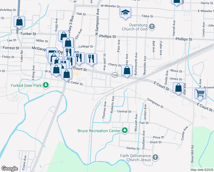 map of restaurants, bars, coffee shops, grocery stores, and more near 531 East Cedar Street in Dyersburg
