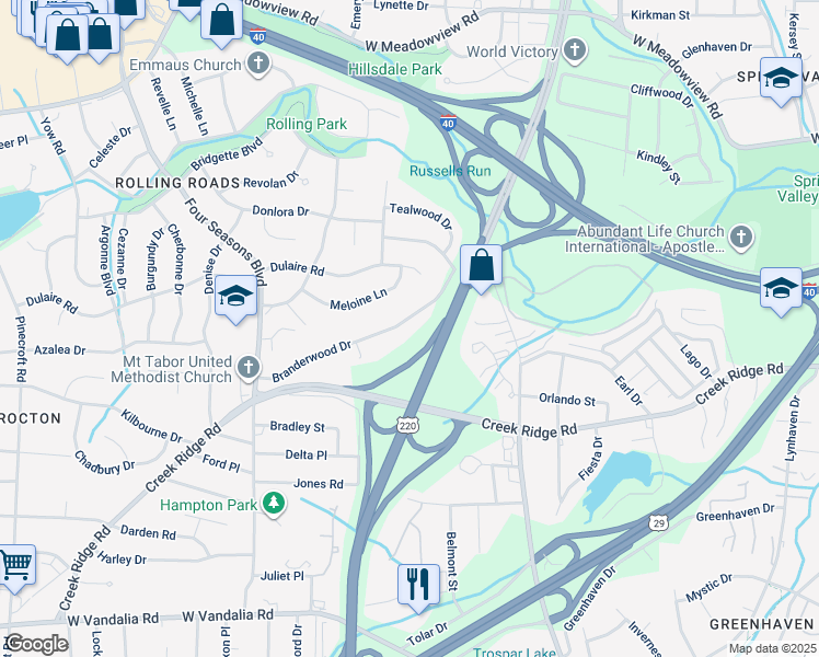 map of restaurants, bars, coffee shops, grocery stores, and more near 2921 Branderwood Drive in Greensboro