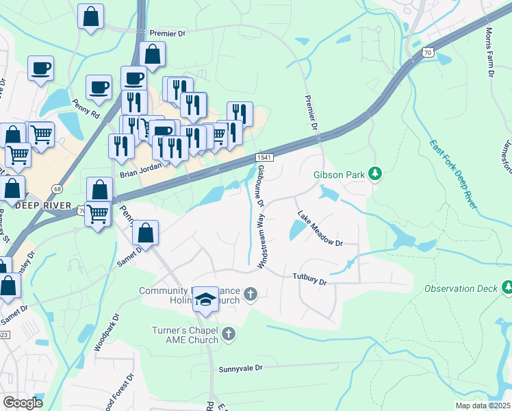 map of restaurants, bars, coffee shops, grocery stores, and more near 3901 Gisbourne Drive in Jamestown
