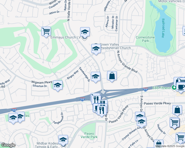 map of restaurants, bars, coffee shops, grocery stores, and more near 75 North Valle Verde Drive in Henderson
