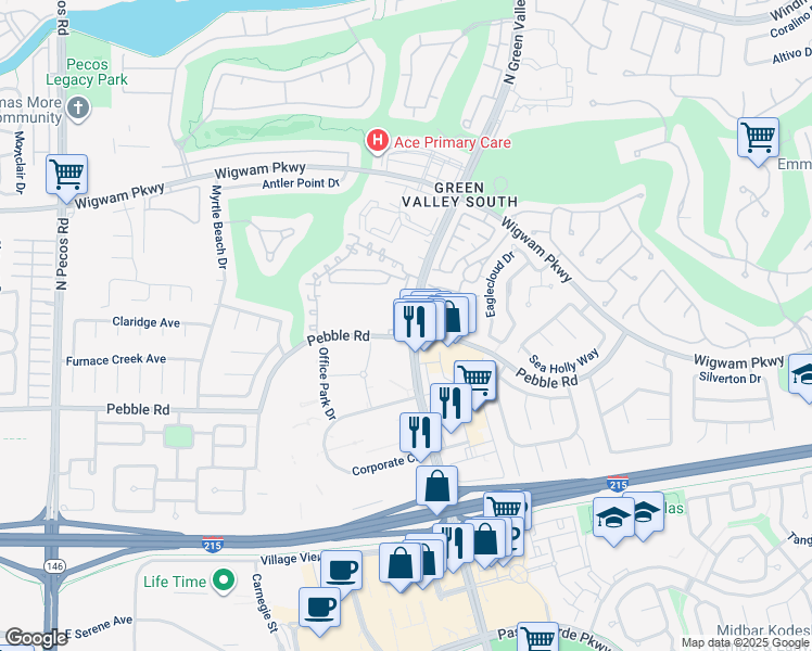map of restaurants, bars, coffee shops, grocery stores, and more near 2201 Ramsgate Drive in Henderson