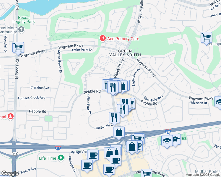 map of restaurants, bars, coffee shops, grocery stores, and more near 1500 Pebble Road in Henderson