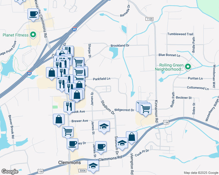 map of restaurants, bars, coffee shops, grocery stores, and more near 137 Stadium Oaks Drive in Clemmons