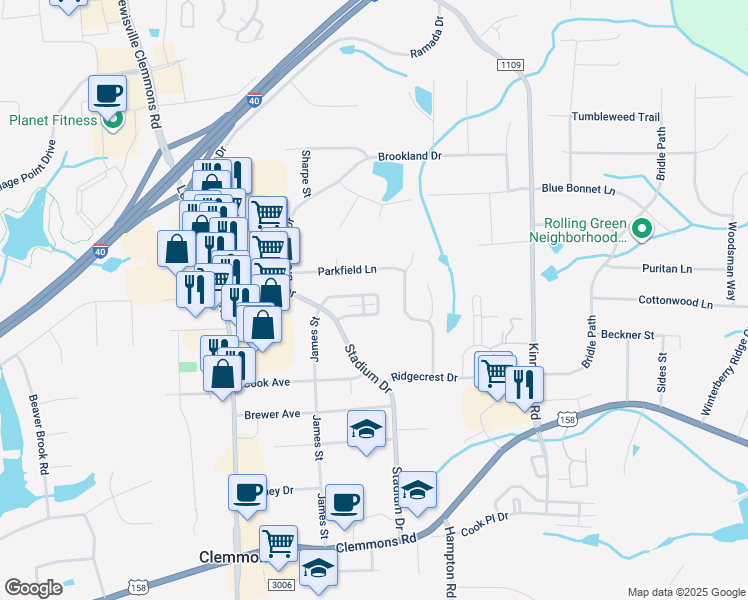 map of restaurants, bars, coffee shops, grocery stores, and more near 137 Stadium Oaks Drive in Clemmons