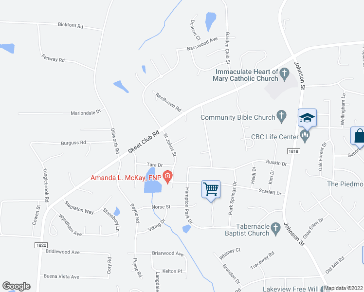 map of restaurants, bars, coffee shops, grocery stores, and more near 4125 Saint Johns Street in High Point