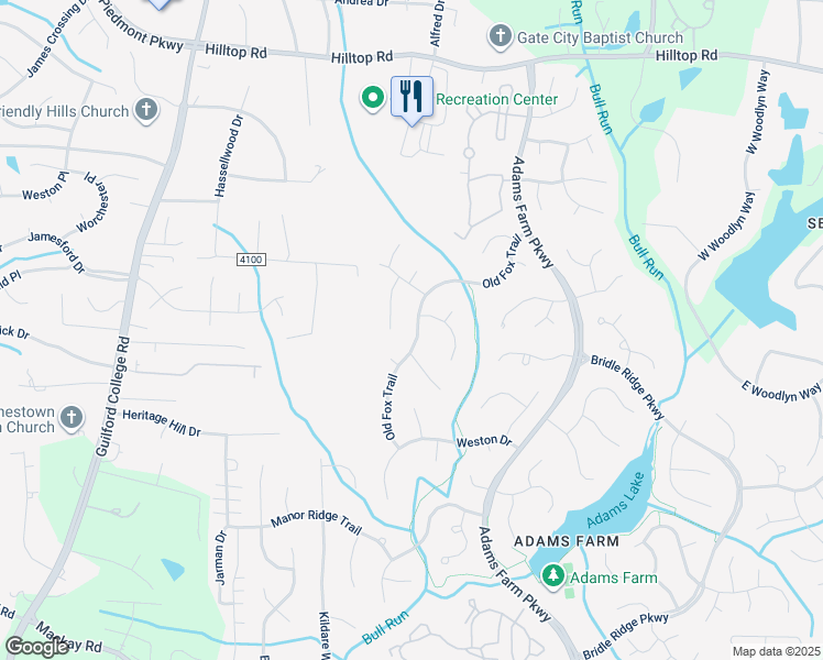 map of restaurants, bars, coffee shops, grocery stores, and more near 5804 Old Fox Trail in Greensboro