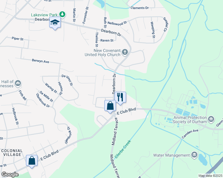 map of restaurants, bars, coffee shops, grocery stores, and more near 2515 Dearborn Drive in Durham
