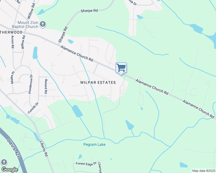 map of restaurants, bars, coffee shops, grocery stores, and more near 2704 Wilpar Drive in Greensboro