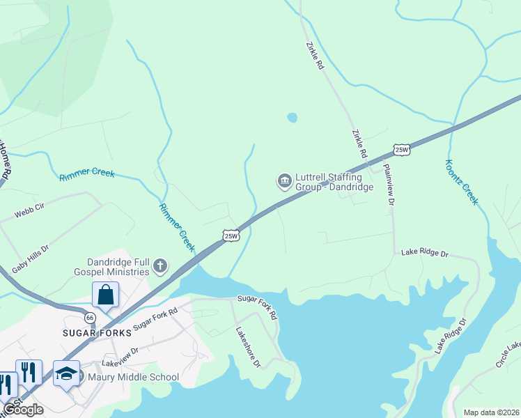 map of restaurants, bars, coffee shops, grocery stores, and more near 661 Tennessee 9 in Dandridge