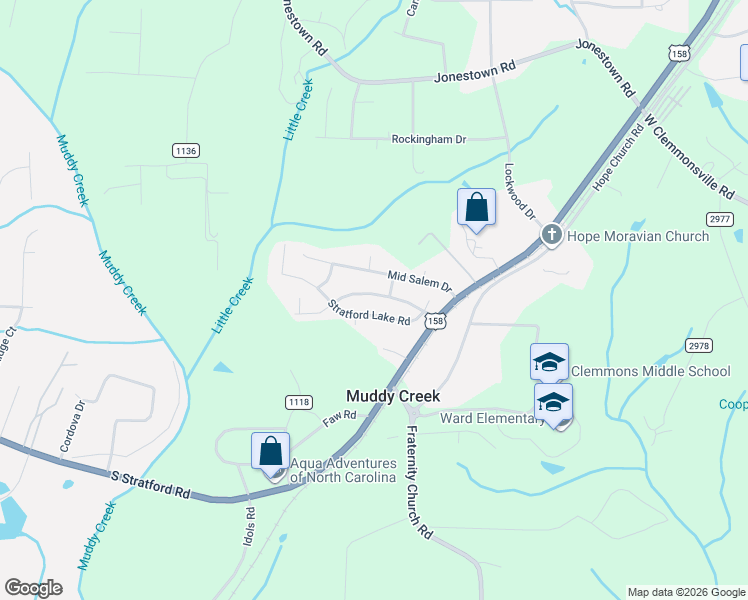 map of restaurants, bars, coffee shops, grocery stores, and more near 2455 Stratford Lake Road in Winston-Salem