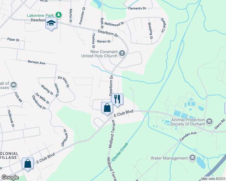 map of restaurants, bars, coffee shops, grocery stores, and more near 2514 Dearborn Drive in Durham