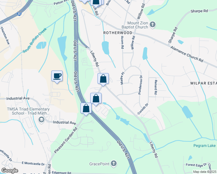 map of restaurants, bars, coffee shops, grocery stores, and more near 2907 Liberty Road in Greensboro