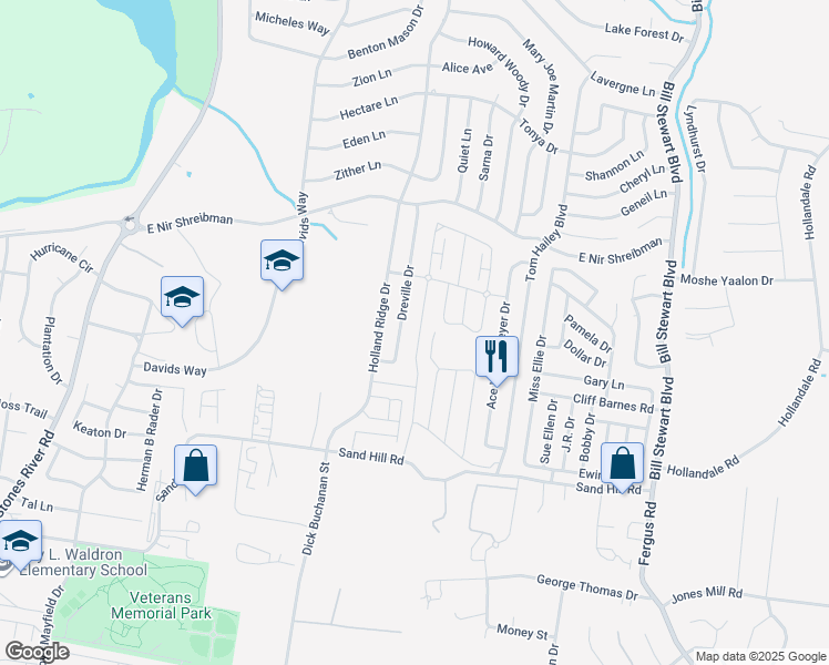 map of restaurants, bars, coffee shops, grocery stores, and more near 117 Dreville Drive in La Vergne