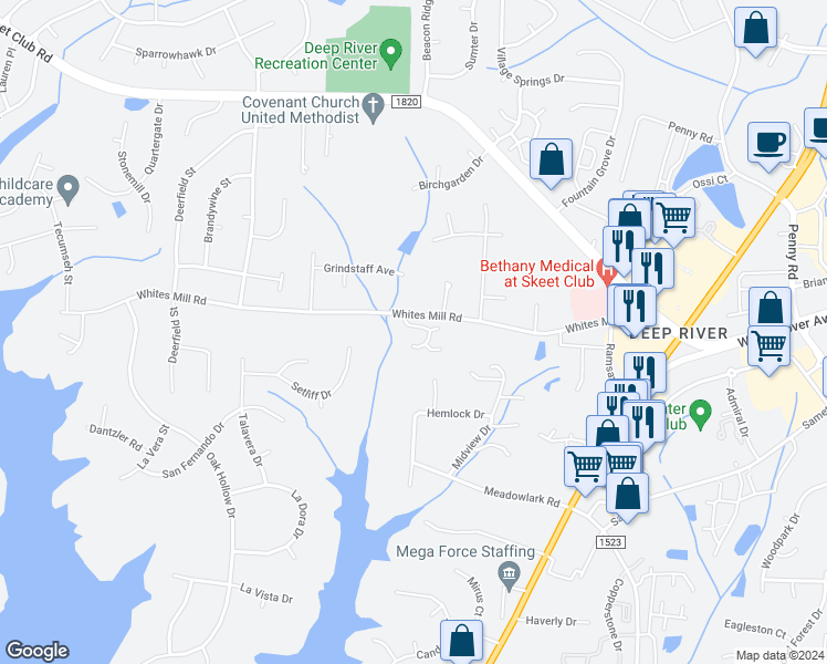 map of restaurants, bars, coffee shops, grocery stores, and more near 1608 Bridgeport Terrace in High Point