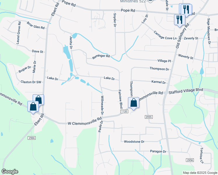 map of restaurants, bars, coffee shops, grocery stores, and more near 1821 Fannwood Circle in Winston-Salem