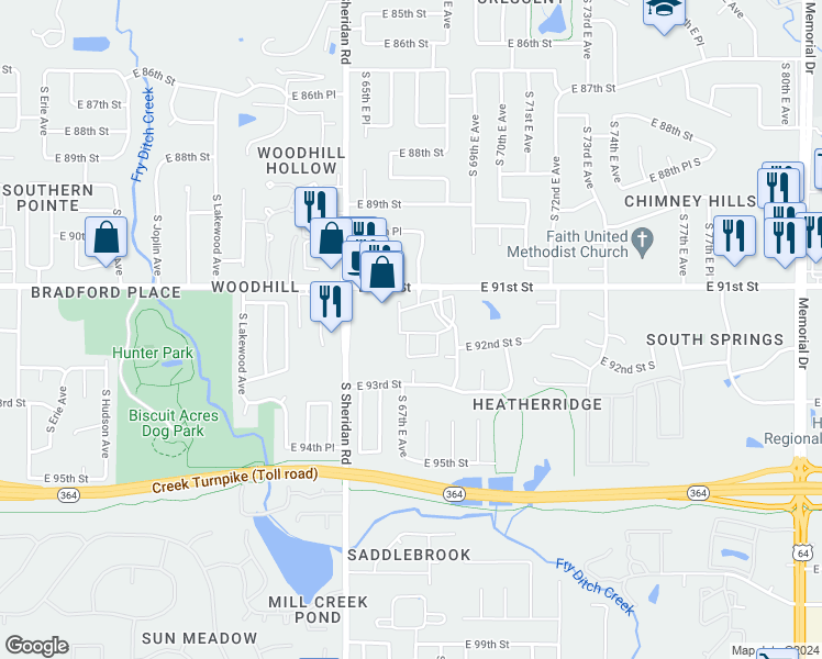 map of restaurants, bars, coffee shops, grocery stores, and more near 6738 East 91st Place in Tulsa