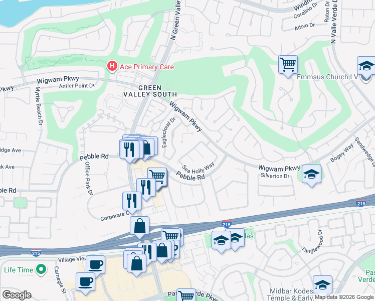 map of restaurants, bars, coffee shops, grocery stores, and more near 2129 Sun Rose Circle in Henderson