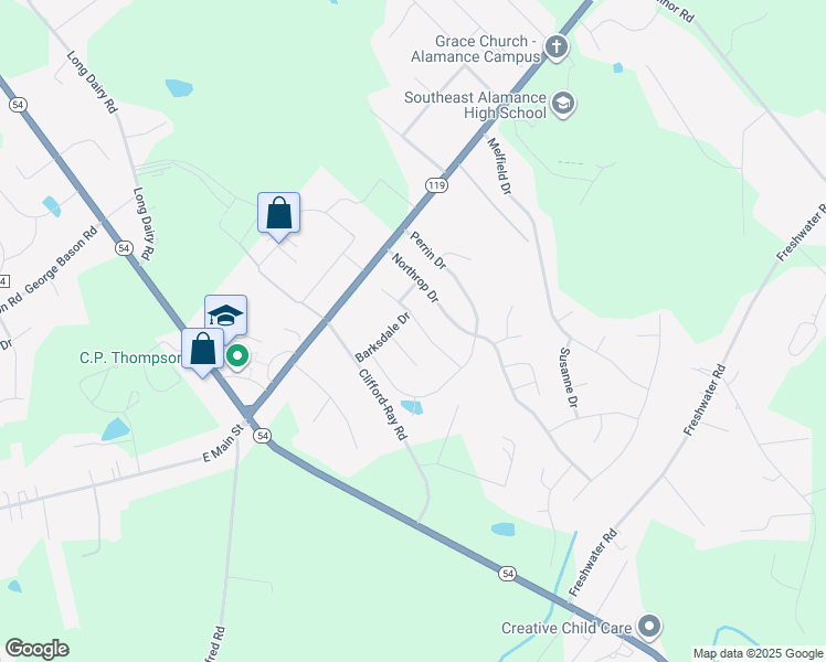 map of restaurants, bars, coffee shops, grocery stores, and more near 2730 Rains Drive in Haw River