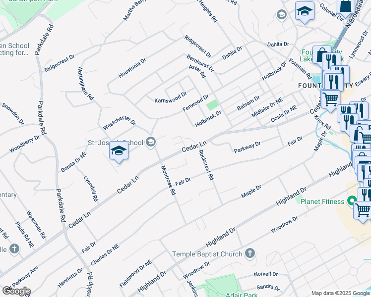 map of restaurants, bars, coffee shops, grocery stores, and more near 2000 Cedar Lane in Knoxville