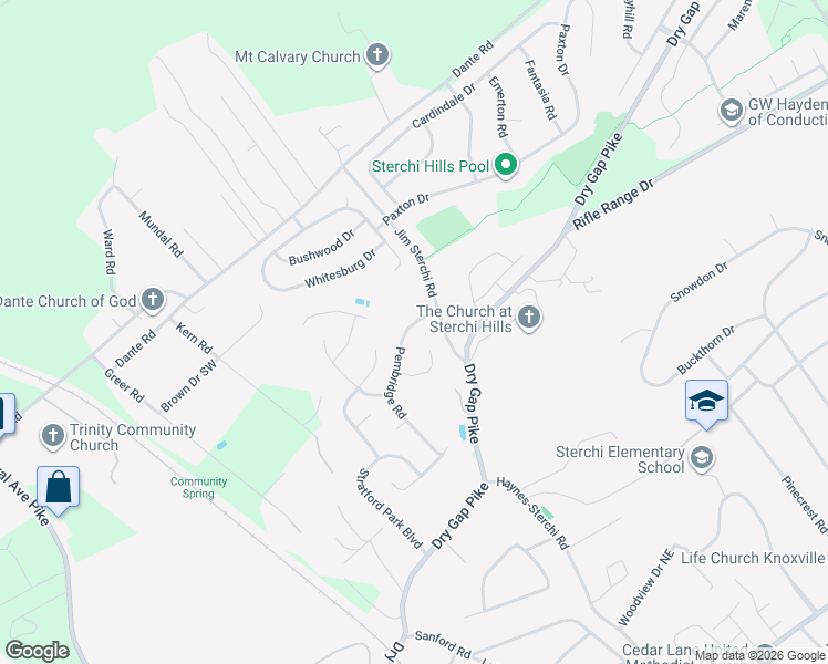 map of restaurants, bars, coffee shops, grocery stores, and more near 6510 Jim Sterchi Road in Knoxville