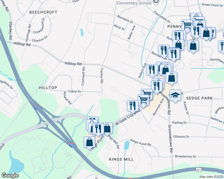 map of restaurants, bars, coffee shops, grocery stores, and more near 2500 Forbes Drive in Greensboro