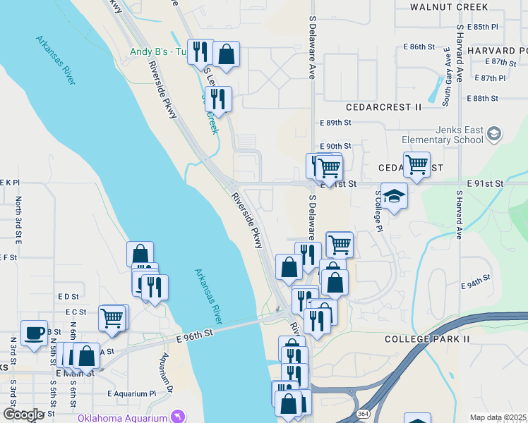 map of restaurants, bars, coffee shops, grocery stores, and more near 9201 Riverside Parkway in Tulsa