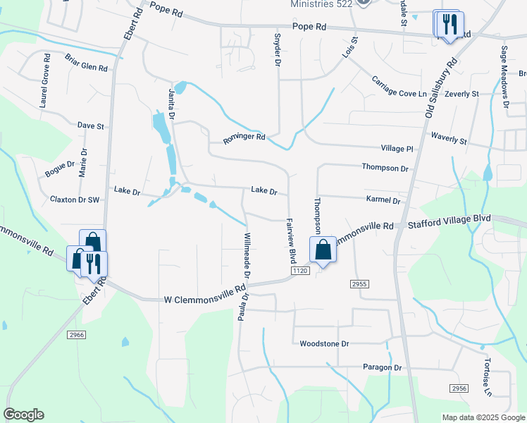 map of restaurants, bars, coffee shops, grocery stores, and more near 1821 Fannwood Circle in Winston-Salem