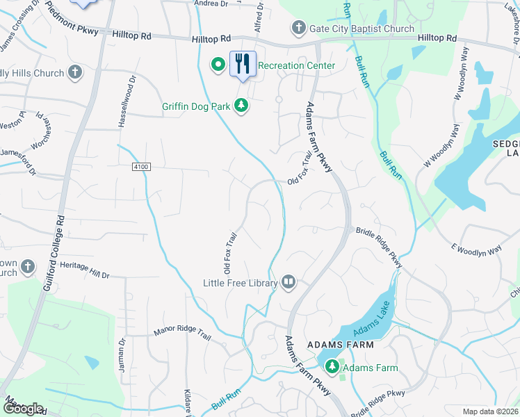 map of restaurants, bars, coffee shops, grocery stores, and more near 15 Brackenwood Court in Greensboro