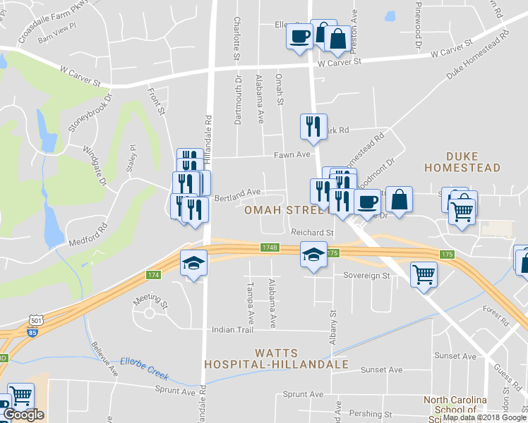 map of restaurants, bars, coffee shops, grocery stores, and more near 2951 Bertland Avenue in Durham