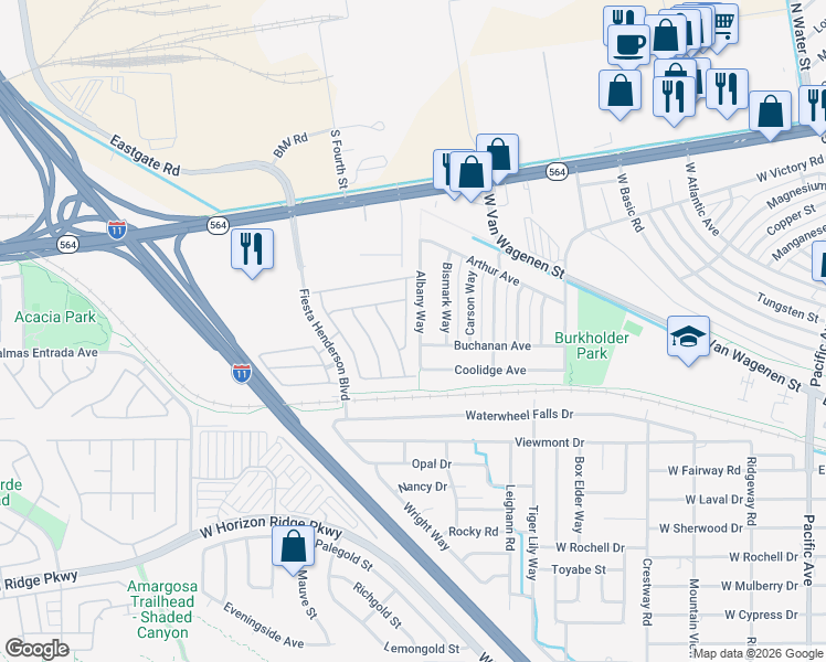 map of restaurants, bars, coffee shops, grocery stores, and more near 264 Quail Ranch Drive in Henderson