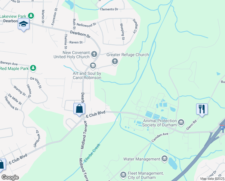 map of restaurants, bars, coffee shops, grocery stores, and more near 2400 Jones Park Drive in Durham