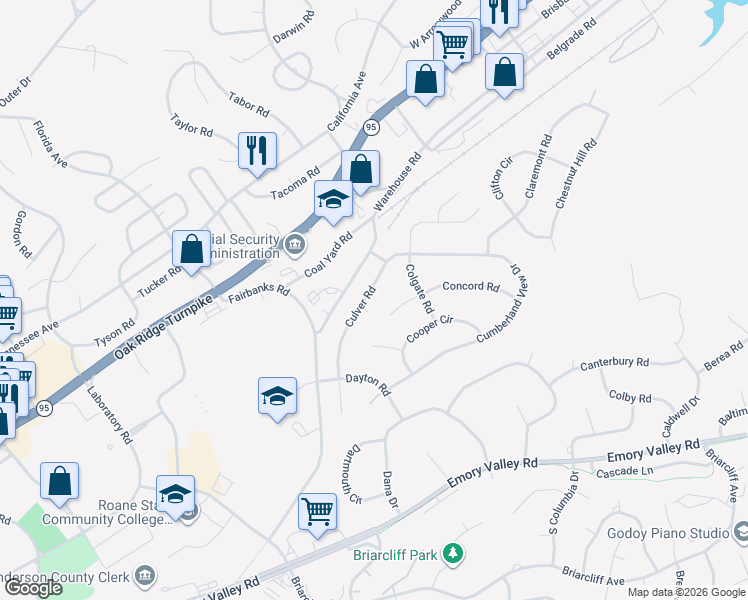map of restaurants, bars, coffee shops, grocery stores, and more near 116 Culver Road in Oak Ridge