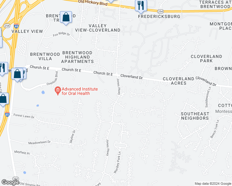 map of restaurants, bars, coffee shops, grocery stores, and more near 217 Jones Parkway in Brentwood
