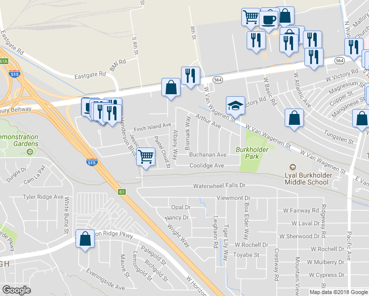 map of restaurants, bars, coffee shops, grocery stores, and more near 256 Bismark Way in Henderson