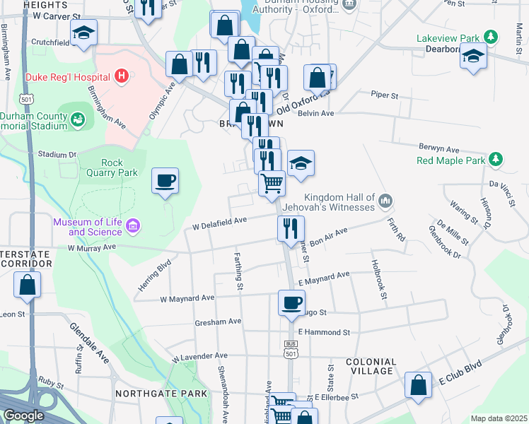 map of restaurants, bars, coffee shops, grocery stores, and more near 105 East Delafield Avenue in Durham