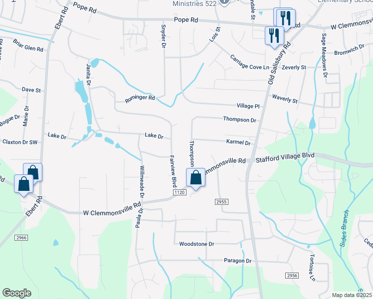 map of restaurants, bars, coffee shops, grocery stores, and more near 1809 Thompson Drive in Winston-Salem