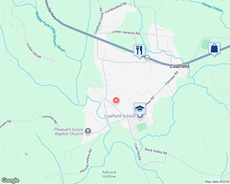 map of restaurants, bars, coffee shops, grocery stores, and more near 109 Beauty Box Road in Oliver Springs