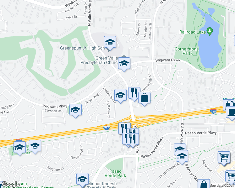 map of restaurants, bars, coffee shops, grocery stores, and more near 75 North Valle Verde Drive in Henderson