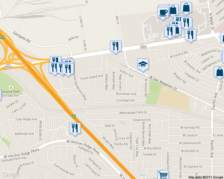 map of restaurants, bars, coffee shops, grocery stores, and more near 617 Buchanan Avenue in Henderson