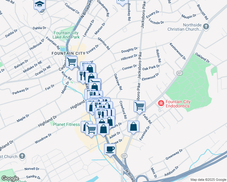 map of restaurants, bars, coffee shops, grocery stores, and more near 108 Lynnview Drive in Knoxville