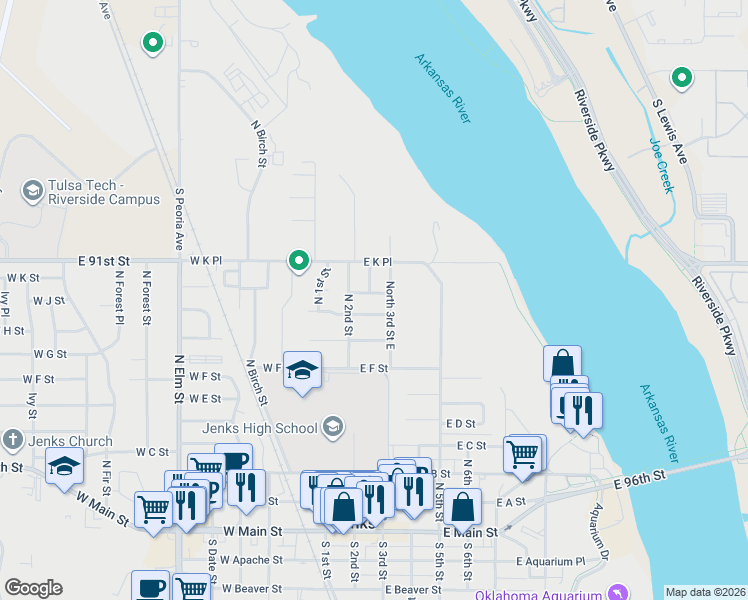 map of restaurants, bars, coffee shops, grocery stores, and more near 824 North 3rd Street East in Jenks