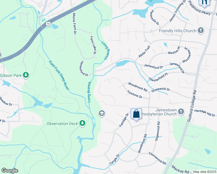 map of restaurants, bars, coffee shops, grocery stores, and more near 6617 Ivy Stone Drive in Jamestown