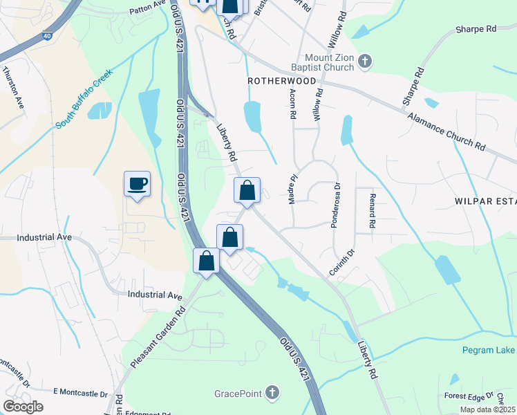 map of restaurants, bars, coffee shops, grocery stores, and more near 2905 Liberty Road in Greensboro