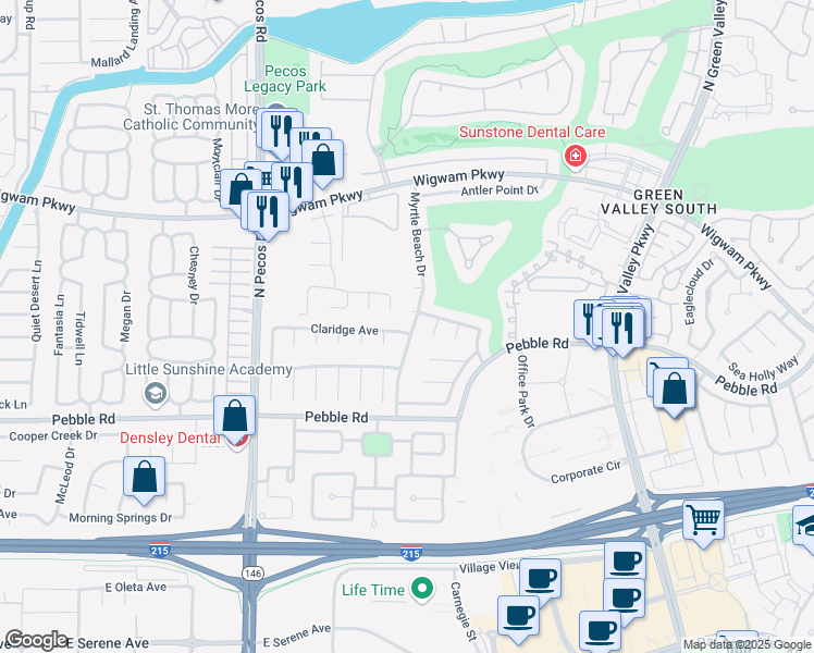 map of restaurants, bars, coffee shops, grocery stores, and more near 2500 Claridge Avenue in Henderson