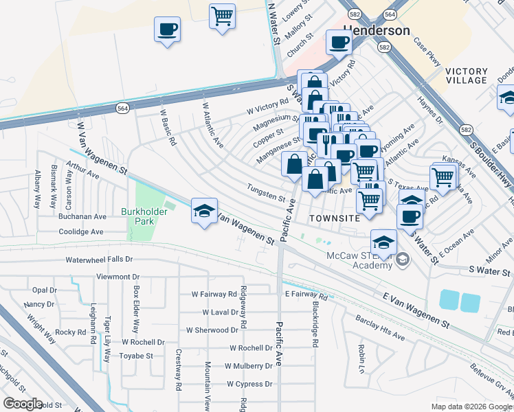 map of restaurants, bars, coffee shops, grocery stores, and more near 219 West Basic Road in Henderson