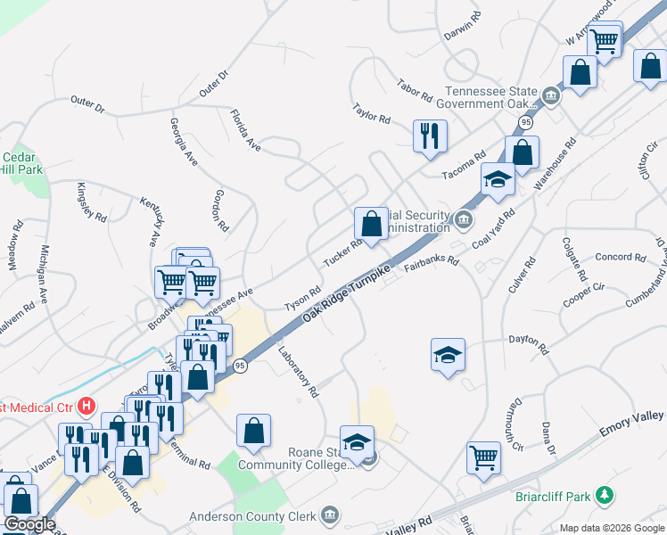 map of restaurants, bars, coffee shops, grocery stores, and more near 674 Oak Ridge Turnpike in Oak Ridge