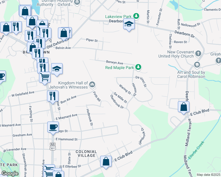 map of restaurants, bars, coffee shops, grocery stores, and more near 2704 De Mille Street in Durham