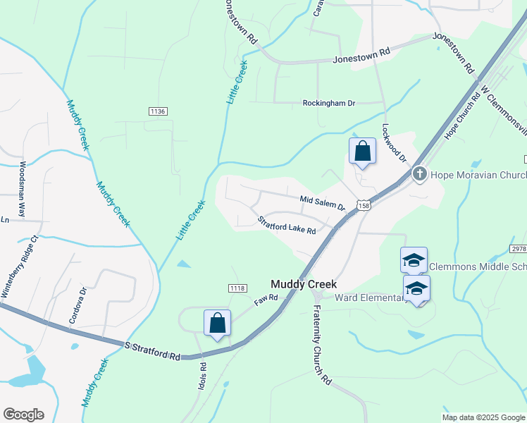map of restaurants, bars, coffee shops, grocery stores, and more near 2485 Stratford Crossing Drive in Winston-Salem